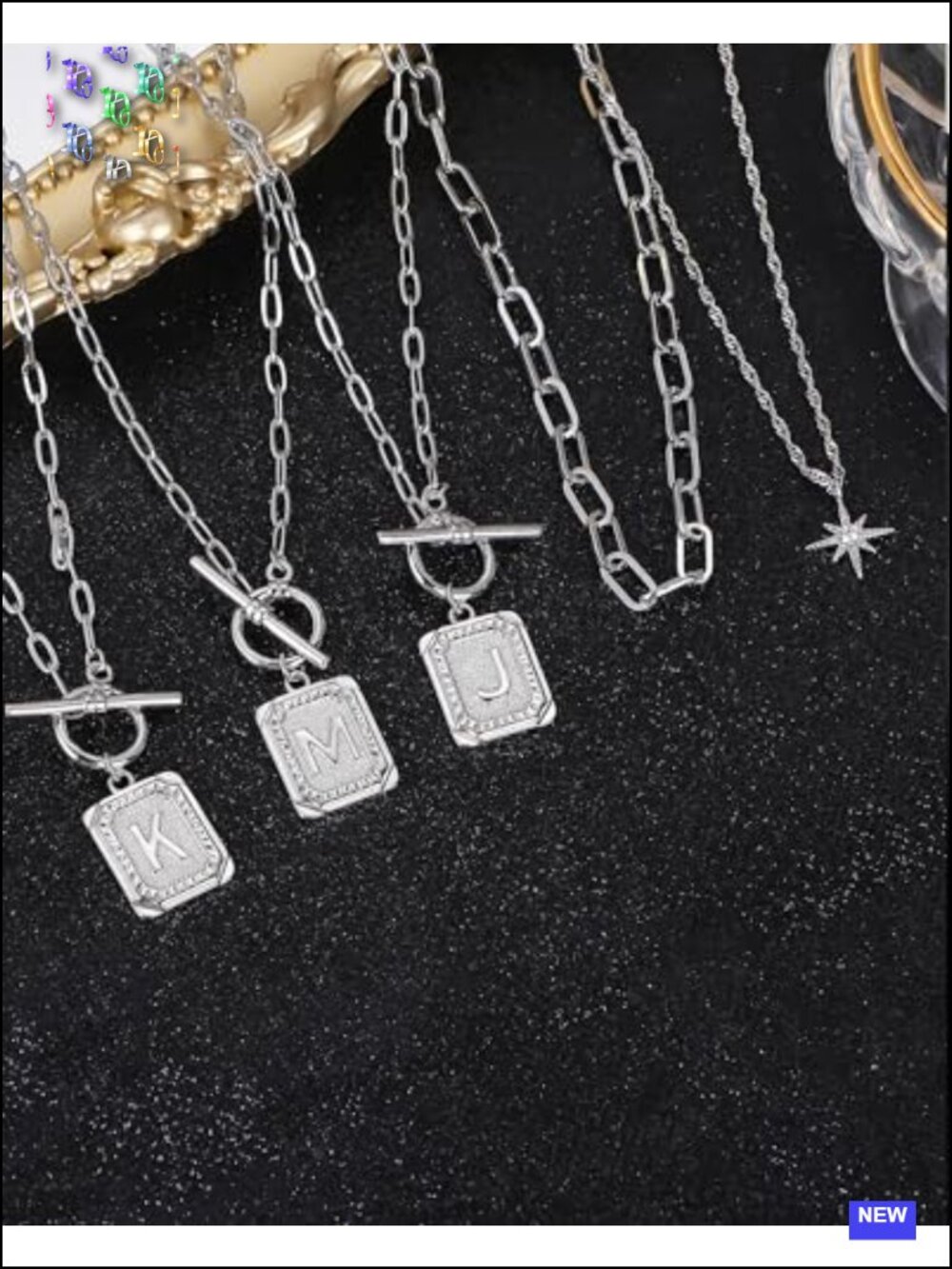 Layered Initial Necklaces 14K Gold Plated Brass Star Choker Square Letter - Picture 3 of 6